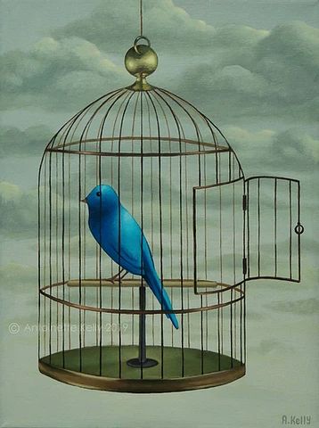 'Bluebird' 2019 Acrylic on canvas. By Antoinette Kelly. Cage Illustration, Cage Painting, Blue Bird Painting, Bird In Cage, Bird In A Cage, Prison Art, Bird Canvas, Painted Chairs, Animal Painting