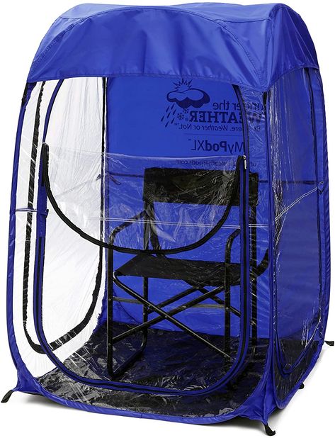 MyPodXL pop-up shelter fits 1 person, a large chair and provides space for coolers and gear. The wider base and tapered sides blunt wind gusts. This weather tent is enclosed for warmth and comfort. Stay dry and warmer no matter the weather Perfect for outdoor events and more, this sports tent is portable and lightweight. It pops up and folds in seconds thanks to its original, patented memory wire design. Requires zero adjustment. No poles, pieces  #MyPodXL #affiliate Watching Soccer, Sports Tent, Fishing Umbrella, Breathing Room, Tent Campers, Folding Camping Chairs, Under The Weather, Backpacking Tent, Camping Bed