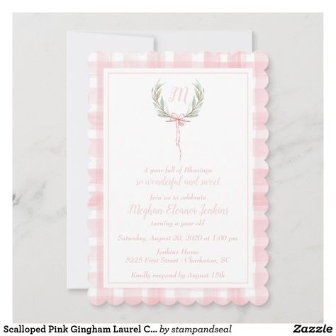 Southern Belle Birthday Party, Southern Monogram, Monogram Invitation, Birthday Invitations Girl, 1st Birthday Invitations, First Birthday Invitations, Floral Baby Shower, Pink Gingham, Southern Belle