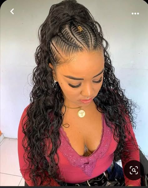 Hair Half Braided Half Down, Half Ponytail Braid, Stitch Braids Half Up Half Down, Half Up Cornrow Hairstyles, Stitch Braids Ponytail With Curls, Braided High Ponytail Black Women, High Ponytail Braid Hairstyles, Braided Half Up Half Down Hairstyles, Ponytail With Braids In Front Black Hair