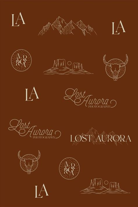 Photographer Branding + Logo Suite Lost Aurora Photography #westernbranding #westernaesthetic #westernlogodesign #visualidentity #earthtones #bulllogo #bullskull #cursivefont #mountainlogo #photographerlogo #photographylogo #visualidentity #logodesign #branding #neutrals #westernbrand Western Photography Logo, Best Photography Logos Graphic Design, Cursive Logo Design, Rustic Branding Design, Aurora Photography, Rustic Branding, Best Photography Logo, Western Logo, Logo Suite