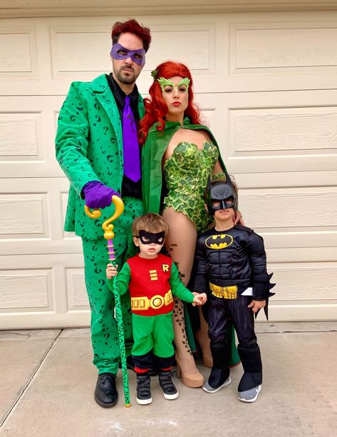 Family Dc Costumes, Family Batman Theme Costumes, Harley Quinn Family Costumes, Batman Family Costumes Halloween, Family Halloween Costumes With 2 Boys, Family Of 4 Costume Ideas 2 Boys, Family Batman Costumes, Batman Group Costumes, Dc Family Costumes