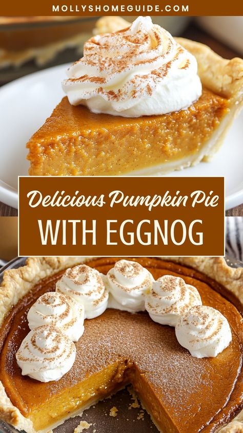 Indulge in the perfect holiday dessert with this luxurious pumpkin pie infused with creamy eggnog. The velvety texture of the pie filling combined with the warm spices and hint of nutmeg will surely delight your taste buds. This recipe is a delightful twist on a classic favorite, adding a touch of festive cheer to your table. Whether you're hosting a gathering or simply craving a seasonal treat, this pumpkin pie with eggnog is sure to be a hit. Pumpkin Pie With Eggnog, Egg Nog Pumpkin Pie, Eggnog Pumpkin Pie, Spiced Pumpkin Pie Recipe, Pumpkin Pie Delight, Pumpkin Eggnog Pie, Pumpkin Pie With A Twist, Pumpkin Meringue Pie, Pumpkin Pie Filling Recipe Desserts