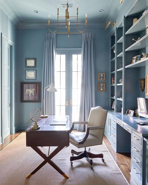 Rivers Spencer on Instagram: “The ideal work from home set up! Love the high gloss paint and brass finishes in this study #shopriversspencer #interiordesign #customdesign” Blue Office Decor Ideas, Blue Office Decor, Rivers Spencer, Transitional Home Office, Blue Grey Walls, Blue Accent Walls, Office Decor Ideas, Office Color, Blue Office