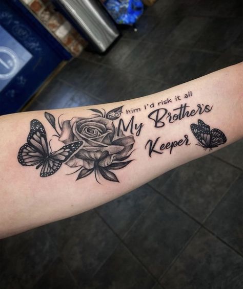 Siblings Memorial Tattoos, My Brothers Keeper Tattoo Ideas Sisters, Long Live My Brother Tattoo, Brother In Heaven Tattoo, My Sons Keeper Tattoo, In Memory Of Brother Tattoo, Tattoos For Dead Relatives, Memorial Tattoos For Brother, Mom Tribute Tattoo