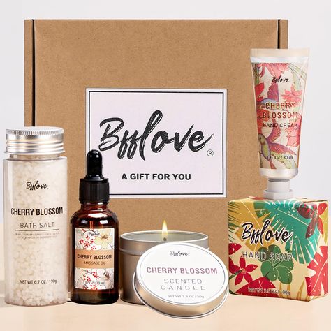 Gifts for Women BFFLOVE Gift Set for Women 5pcs Cherry Blossom Spa Set, Birthday Gifts for Women with Massage Oil, Scented Candle, Bath Salts, Hand Cream, Mothers Day Gifts Best Thank You Gifts, Bath And Body Gift Set, Cherry Blossom Scent, Candle Bath, Gift Baskets For Women, Bath Gift Set, Spa Set, Bath Gift, Pampering Gifts