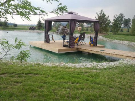 Floating Gazebo, Pond Dock Ideas, Pond Docks, How To Build A Dock On A Pond, Build A Dock On A Pond, Floating Pier, Pond Dock With Gazebo, How To Build A Dock On A Lake, Floating Docks For Ponds