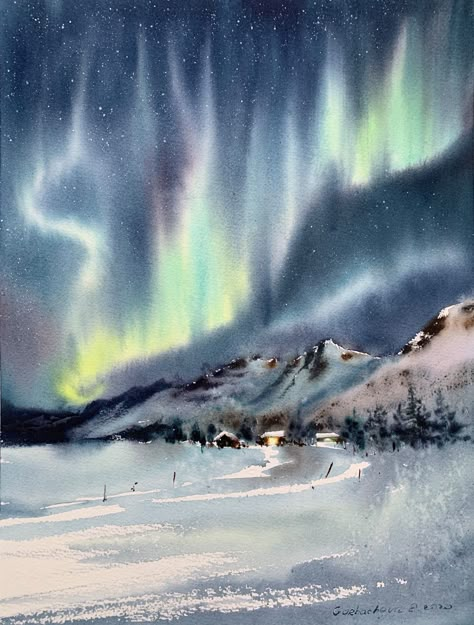 Eugenia Gorbacheva, Houses Watercolor, Northern Lights Watercolor, Outer Space Painting, Illustration Forest, Northern Lights Painting, Mountains Snow, Watercolor Art Landscape, Modern Impressionism