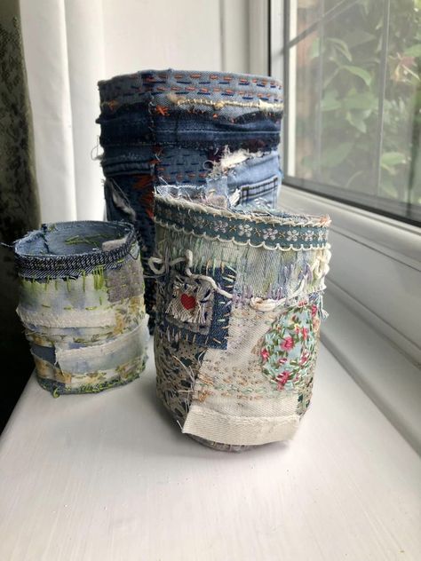 Stitch Pots, Textile Vessels, Fabric Vessels, Fabric Containers, Fabric Pots, Machine Embroidery Tutorials, Boro Stitching, Mixed Media Art Projects, Scraps Of Fabric