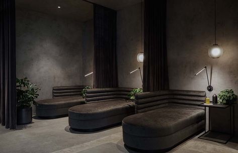 Dark And Moody Interiors, Wellness Club, Velvet Lounge, Meditation Rooms, Wood Screens, Moody Interiors, Sauna Room, Meditation Room, Elegant Lighting