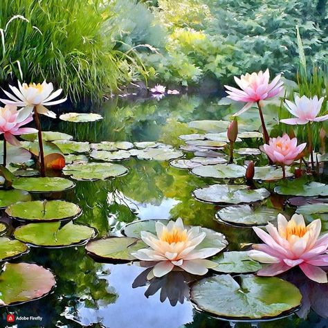 Pond Flowers, Kinkade Paintings, Water Lilies Art, Water Lilies Painting, Pond Painting, Lotus Flower Art, Lotus Painting, Peacock Painting, Flower Art Drawing