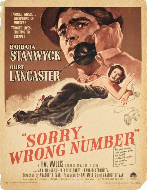 Sorry, Wrong Number (1948) Sorry Wrong Number 1948, 40s Movies, Sorry Wrong Number, Ann Richards, Number Board, Number Sets, Radio Play, Barbara Stanwyck, Wrong Number