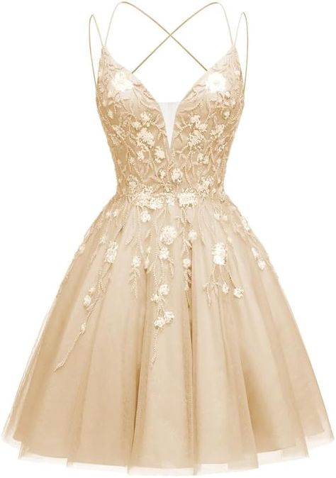 Spring Ball Dresses, Gold Dama Dresses, Damas Dresses For Quince, Short Champagne Dress, Tulle Prom Dress Short, Applique Prom Dress, Tulle Dress Short, Floral Homecoming Dresses, Prom Dress Ball Gown