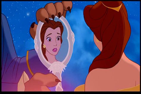 Magical silver hand mirror from Disney's "Beauty And The Beast." Mirror Beauty And The Beast, Beauty And The Beast Mirror, Mirror Movie, Beauty And The Beast Silhouette, Beauty And The Beast 1991, Disney Sleeve, Disney Screencaps, Disney Princesses And Princes, Disney Princess Movies