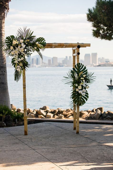 Simple Tropical Wedding Arch, Diy Mandap, Tropical Wedding Arch, Bamboo Wedding Arch, Tropical Arch, Tropical Decorations, Tropical Wedding Centerpieces, Hilton Wedding, Tropical Wedding Bouquets