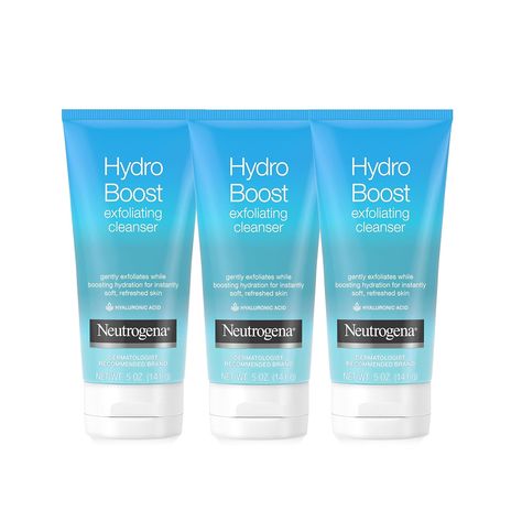 Value pack of 3, 5-ounce of Neutrogena Hydro Boost Exfoliating Daily Facial Cleanser with Hyaluronic Acid to gently cleanse, exfoliate and hydrate for soft, smooth skin Daily face cleanser contains naturally-derived skin smoothers that effectively remove dirt, oil and dry surface skin and is specially formulated with hyaluronic acid, an ingredient known for its moisturizing properties This gentle exfoliating face wash is clinically proven to increase skin's hydration level by locking in moisture for instantly soft, supple and refreshed skin From the dermatologist recommended brand, Hydro Boost hyaluronic acid face wash is a lightweight gel-cream that is soap-, oil- and paraben-free, so it's gentle enough for your daily skincare routine The unique formula of this hydrating facial cleanser i Hydrating Facial Cleanser, Exfoliating Face Wash, Daily Facial Cleanser, Hydro Boost, Soft Smooth Skin, Neutrogena Hydro Boost, Exfoliating Face, Hydrating Facial, Daily Skincare Routine