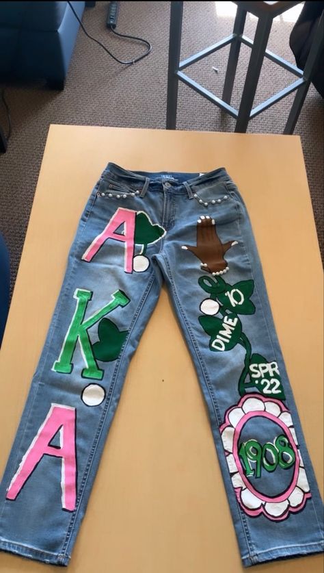 #customjeans Aka Custom Jeans, Aka Painted Jeans, Sorority Painted Jeans, Alpha Kappa Alpha Sorority Outfits, Probate Outfit Greek Aka, Aka Sorority Outfits, Aka Shirts, Alpha Kappa Alpha Clothing, Aka Founders