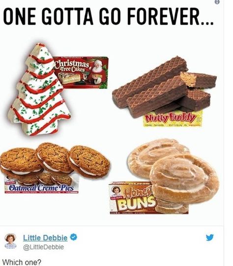 One Has To Go, Nutty Buddy, Food Calorie Chart, Debbie Snacks, Oatmeal Creme Pie, Facebook Engagement Posts, Oatmeal Cream Pies, Snack Brands, Pampered Chef Consultant