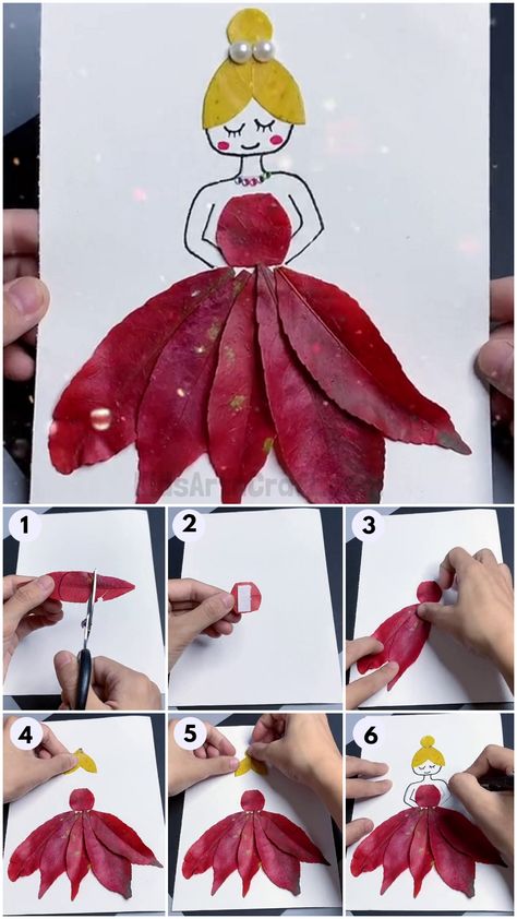 How To Make Fall Leaf Princess Artwork For Kids Leaf Person Craft, Leaf Dress Art, Leaf People Art, Leaf Art Craft, Diy With Leaves, Autumn School Project, Real Leaf Crafts For Kids, Crafts Using Leaves For Kids, Fall Creative Art For Kids