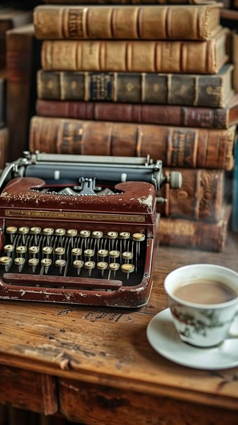 Download 'Vintage Writing Setup' - An old-fashioned typewriter sits on a wooden desk next to a cup of tea, evoking nostalgia. - Get this free stock photo and more high-quality images on StockCake. No attribution required. Typewriter Ideas, Vintage Desk Setup, Writing Setup, Sara Cate, Typewriter Stand, Old Fashioned Typewriter, Old Bookshelves, Old Typewriter, Writing Corner