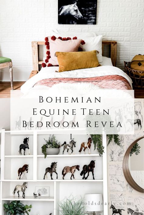 Looking for a fun way to decorate your teen girl's bedroom? Check out this Bohemian Teen Bedroom Reveal with an equine flair! Teen Horse Bedroom Ideas, Horse Room Ideas For Teens, Boho Horse Bedroom, Cowgirl Themed Bedroom, Equestrian Bedroom Ideas, Vintage Cowgirl Bedroom, Horse Girl Bedroom, Girls Horse Bedroom Ideas, Girls Horse Bedroom