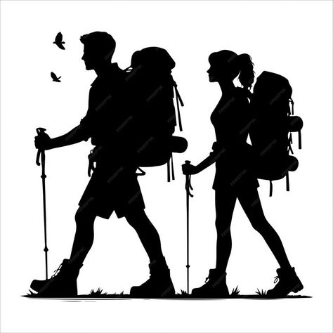 Hiking silhouette vector male and female hiker set illustration | Premium AI-generated vector Hiking Silhouette, Hiking Illustration, Outdoors Logo Design, Female Hiker, Outdoor Logos, Couple Silhouette, Fashion Templates, Character Design Sketches, Hiking Women