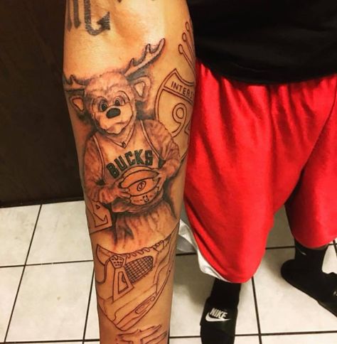 Milwaukee Bucks Tattoo, Bucks Tattoo, Milwaukee Tattoo, Buck Tattoo, Milwaukee Bucks, Forearm Tattoos, Skull Tattoo, Tattoos For Guys, Milwaukee