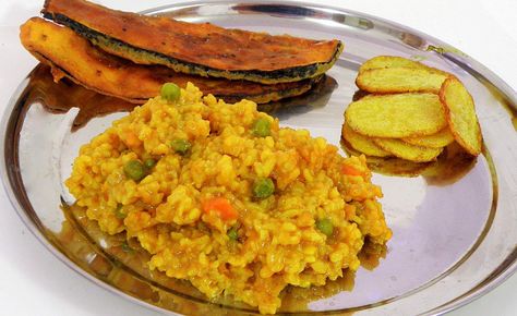 Bengali Moong Dal Khichdi Recipe is always made during durga puja festival. this khichdi is served as bhog to ma durga along with some other bengali delicacies. Moong Dal Khichdi, Khichdi Recipe, Risotto Rice, Bengali Food, Dal Recipe, Veg Dishes, Vegetable Curry, Risotto Recipes, Vegetarian Dishes