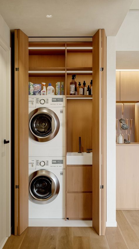 Laundry Furniture Ideas, Laundry Space In Kitchen, Laundry In Cupboard, Laundry In Living Room, Interior Design Laundry Room, Laundry Closet With Sink, Small Laundry Cupboard, Small Laundry Cabinet, Small Laundry Design