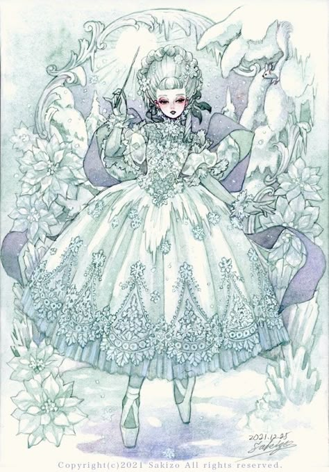 Sakizou Art, Golden Empire, Royal Art, Winter Fairy, Royale High, Christmas Drawing, Ethereal Art, Drawing Inspo, Lolita Fashion