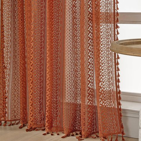 Amazon.com: WAZZIO Burnt Orange Sheer Curtains 72 Inch Length 2 Panels Set Boho Crochet Lace Curtains for Bedroom Living Room Kitchen Window Curtain Panels Farmhouse Fall Rust Colored Curtains Drapes,Pumpkin : Home & Kitchen Boho Curtain Ideas For Living Room, Rust Colored Curtains, Orange Kitchen Curtains, Boho Curtain Ideas, Crochet Lace Curtains, Burnt Orange Kitchen, Orange Sheer Curtains, Burnt Orange Curtains, Colored Curtains