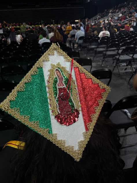 Grad Cap Inspo Mexican, Grad Cap Hispanic, Virgin Mary Cap Decoration, Mexican Graduation Cap Ideas, Mexican Grad Cap Ideas, Cap Graduation Decoration Mexican, Virgencita Graduation Cap, Graduation Caps Mexican, Virgin Mary Graduation Cap