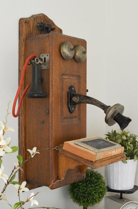 Antique Phone Decor Ideas, Antique Decorating, Crate Side Table, Vintage Wooden Crates, Retro Things, Sarah Joy, Antique Phone, Antique Telephone, Wall Phone