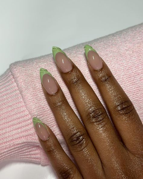 Sage green 🍈 #dovenailsbysharon #apresgelx #gelx Sage Green Aura Nails, Sage Green Nails Gel, Green And Pink Acrylic Nails, Sage Green And White Nails, Sage Green And Pink Nails, Sage Green Almond Nails, Long Nude Nails, Light Green Nails, Florida Fits