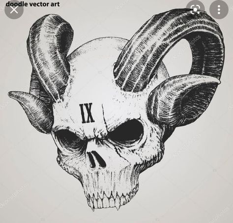 Evil Skull Tattoo, Ink Logo, Skull With Horns, Vector Doodle, Evil Demons, Demon Tattoo, Skull Art Drawing, Neck Tattoo For Guys, Dragon Ball Painting