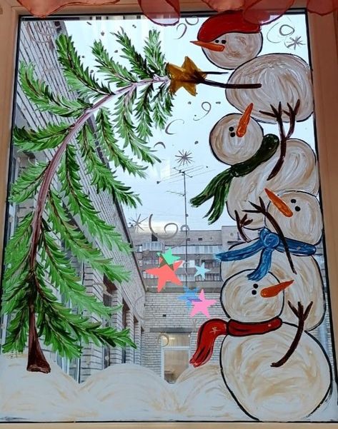 Window Design Painting, Holiday Window Art Ideas, Christmas Window Scene Painting, Snowman Window Decoration, Christmas Glass Painting Ideas Window, Turkey Window Art, Christmas Window Painting Snowman, Winter Scene Window Painting, Winter Christmas Window Painting