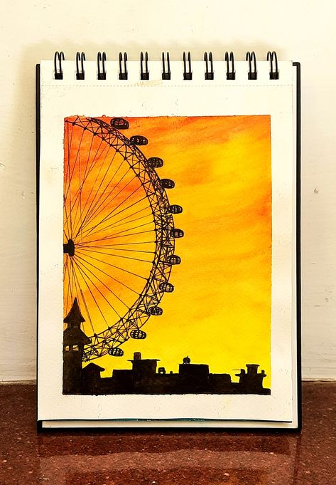 Gaint Wheel Painting, Giant Wheel Drawing, Giant Wheel Painting, Yellow Drawing Aesthetic, Giant Wheel Aesthetic, Yellow Aesthetic Painting, Giant Canvas Painting Ideas, Watercolour Sunset, Wheel Painting