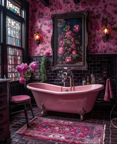 Girly Apartment Ideas, Boho Bathroom Ideas, Pink Bathroom Decor, Girly Apartments, Pink Tiles, Boho Bathroom, Bathroom Inspiration Decor, Pink Bathroom, Maximalism