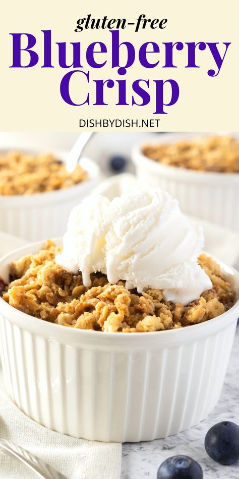 A ramekin with blueberry crisp topped with ice cream. Gluten Free Apple Blueberry Crisp, 5 Minute Blueberry Crisp, Blueberry Cobbler Gluten Free, Blueberry Cobbler Gluten Free Dairy Free, Paleo Blueberry Crisp, Easy Blueberry Crisp, Gluten Free Blueberry Crisp, Quick And Easy Sweet Treats, Fancy Desserts Recipes