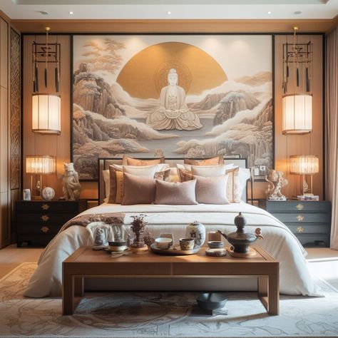 This zen bedroom design, with its striking Buddha mural and soothing natural elements, invites you to unwind and reconnect with your inner self. It's a perfect inspiration for creating a serene and balanced home environment. #LuxuryParentalRetreats #ZenInspiration #BalanceAndHarmony #TranquilDesign Buddha Bedroom, Zen Bedroom Design, Buddha Mural, Zen Bedroom, Home Environment, Asian Inspiration, Adult Bedroom, Inner Self, Style Japonais