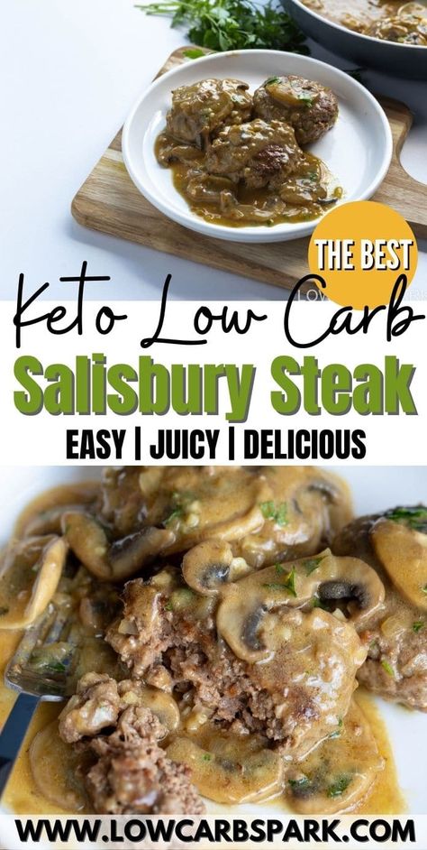 Easy Keto Salisbury Steak with Mushroom Gravy Keto Salisbury Steak, Salisbury Steak With Mushroom Gravy, Creamy Mushroom Gravy, Steak With Mushroom Gravy, Beef Cubed Steak, Hamburger Steak And Gravy, Cube Steak Recipes, Keto Beef, Salisbury Steak Recipes