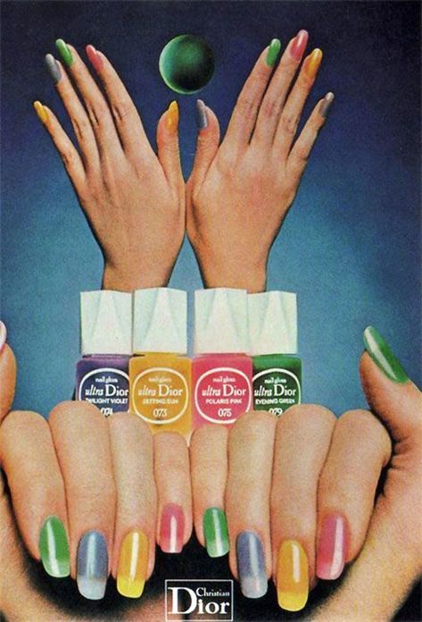 Christian Dior, Ultra Nail Polish, 1974 #ultranailpolish #christiandior Dior Nail Polish, Vintage Makeup Ads, Dior Nails, Makeup Ads, Retro Makeup, Vintage Nails, Retro Beauty, Beauty Ad, Vintage Cosmetics