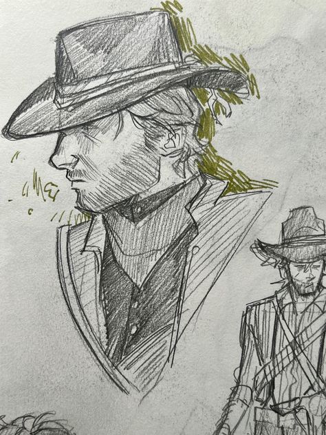 John Marston Drawing, Rdr2 Sketch, Cowboy Hat Drawing Reference, Cowboy Drawing Reference, Arthur Morgan Sketch, Arthur Morgan Drawing, Cowboy Art Drawing, Rdr2 Drawings, Arthur Morgan Fanart