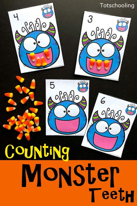 Halloween Kindergarten Reading Activities, Pre K Halloween Math Activities, Monster Counting Activity, Monster Week Preschool, Candy Corn Monster Craft, Candy Corn Math Activities, Monster Math Preschool, Halloween Counting Kindergarten, Halloween Math Activities Toddlers