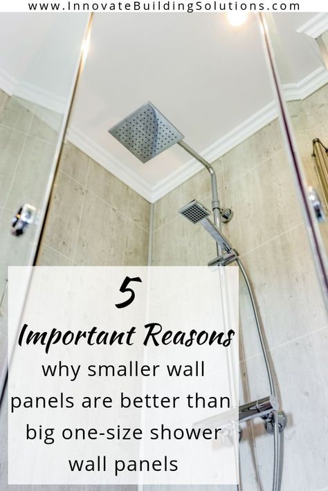 Here are 5 important reasons why smaller wall panels are better than big one-size shower wall panel. You won't want to miss this! | Innovate Building Solutions | #ShowerWallPanels #BathroomRemodelingDIY #DIYShowerPanels #RemodelingAdvice | Remodeling Advice for Newbies | Bathroom Remodeling DIY | Shower Wall Panels | Easy to Install Shower Bathroom Shower Tile Ideas, Shower Tower Panel, Waterproof Wall Panels, Acrylic Wall Panels, Shower Tower, Small Shower, Shower Tile Ideas, Bath Makeover, Shower Inserts