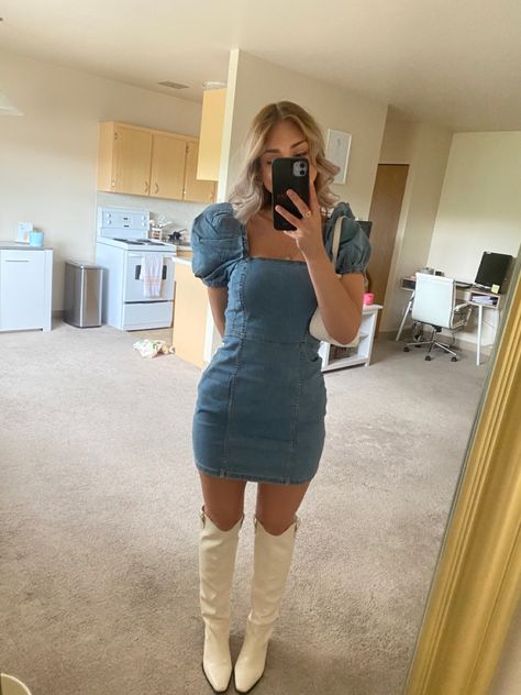 Denim Dress White Boots, Knee High White Boots, White Knee High Boots Outfit, Dresses With Cowgirl Boots, High White Boots, Cowgirl Fits, White Denim Romper, White Knee High Boots, Tight Fitted Dresses