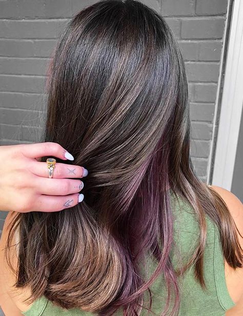 35 Captivating Peekaboo Highlights Brown Hair With Peekaboo, Purple Peekaboo Highlights, Brown Hair Trends, Hidden Hair Color, Peekaboo Hair Colors, Peekaboo Highlights, Chocolate Brown Hair Color, Peekaboo Hair, Chocolate Hair