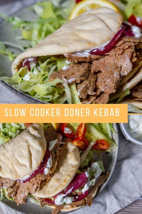 Slow Cooker Doner Kebab - Slow Cooker Doner Kebab is a delicious homemade version of the classic Turkish kebab. Perfectly seasoned lamb is cooked until tender, then served in a flatbread. Slow Cooker Lamb Kebab, Slow Cooker Doner Kebab, Donner Kebab Recipe, Donor Kebab Recipe, Kebab Takeaway, Homemade Takeout, Doner Kebabs, Turkish Kebab, Döner Kebab