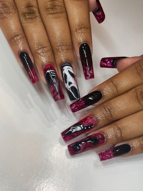 Halloween Ghostface Scream Halloween nails nail inspo Nail Ideas Scream, Scream Halloween Nails, Ghostface Nails, Scream Nails, Bday Nails, Scream Ghostface, Halloween Acrylic, Scream Halloween, Ghostface Scream