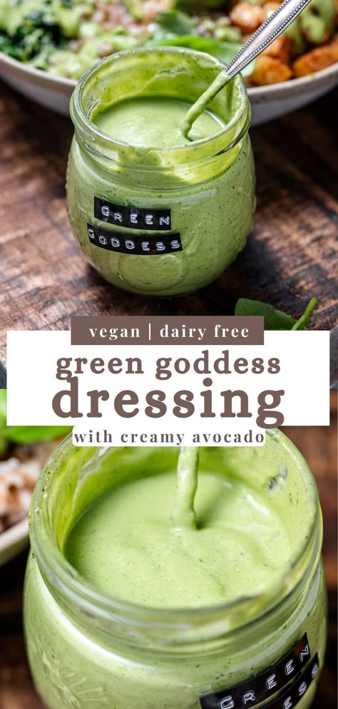 This creamy, dairy-free and vegan Avocado Green Goddess Dressing is bright and vibrant, with fresh herbs and tangy lemon juice. It comes together in just about 10 minutes, making it perfect for drizzling on salads, spreading on sandwiches, or spooning over Buddha bowls! This dipping sauce and salad dressing recipe is oil free. Avocado Sour Cream Dressing, Green Goddess Salad In A Jar, Oil Free Vegan Sauces, Creamy Vegan Dressing, Dairy Free Green Goddess Dressing, Green Goddess Dressing Vegan, Raw Dressing Recipes, Raw Salad Dressing Recipes, Buddha Bowl Dressing